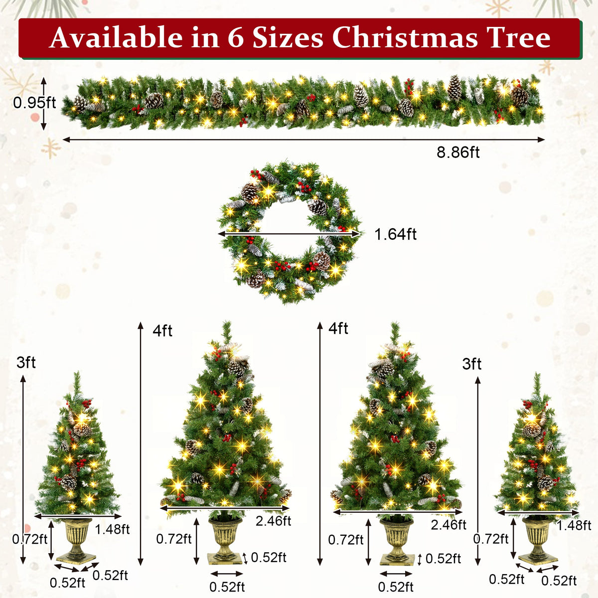 6-Piece Christmas Tree Set with Pre-Lit Wreath and Garland – Warm