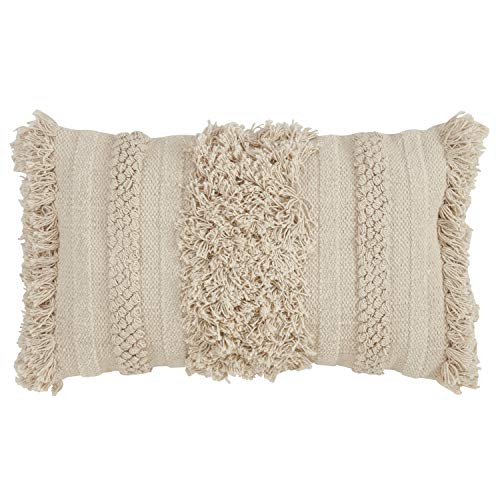 Fennco Styles Bohemian Fringe Stripe 100% Pure Cotton Decorative Throw Pillow with Case & Insert - Natural Lumbar Pillow for Couch, Bedroom and Living Room Decor