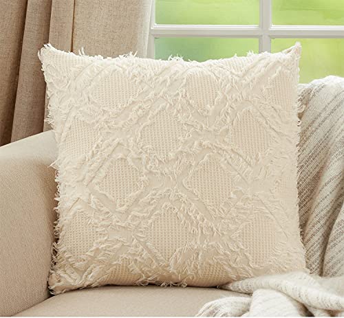 Fennco Styles Waffle Weave Fringe Reversible Cotton Decorative Throw Pillow 22" W x 22" L - Ivory Woven Square Cushion for Home, Couch, Living Room, Bedroom, Office and Holiday Décor