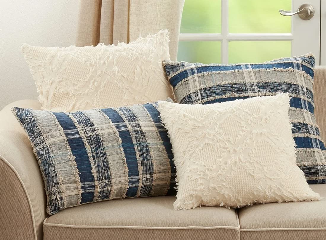 Fennco Styles Waffle Weave Fringe Reversible Cotton Decorative Throw Pillow 22" W x 22" L - Ivory Woven Square Cushion for Home, Couch, Living Room, Bedroom, Office and Holiday Décor