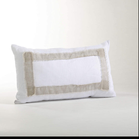 Fennco Styles White Crisp Natural Banded Rectangular 100% Linen Decorative Throw Pillow 12 x 20 Inch - White Accent Pillow for Home, Couch, Living Room, Bedroom and Office Decor