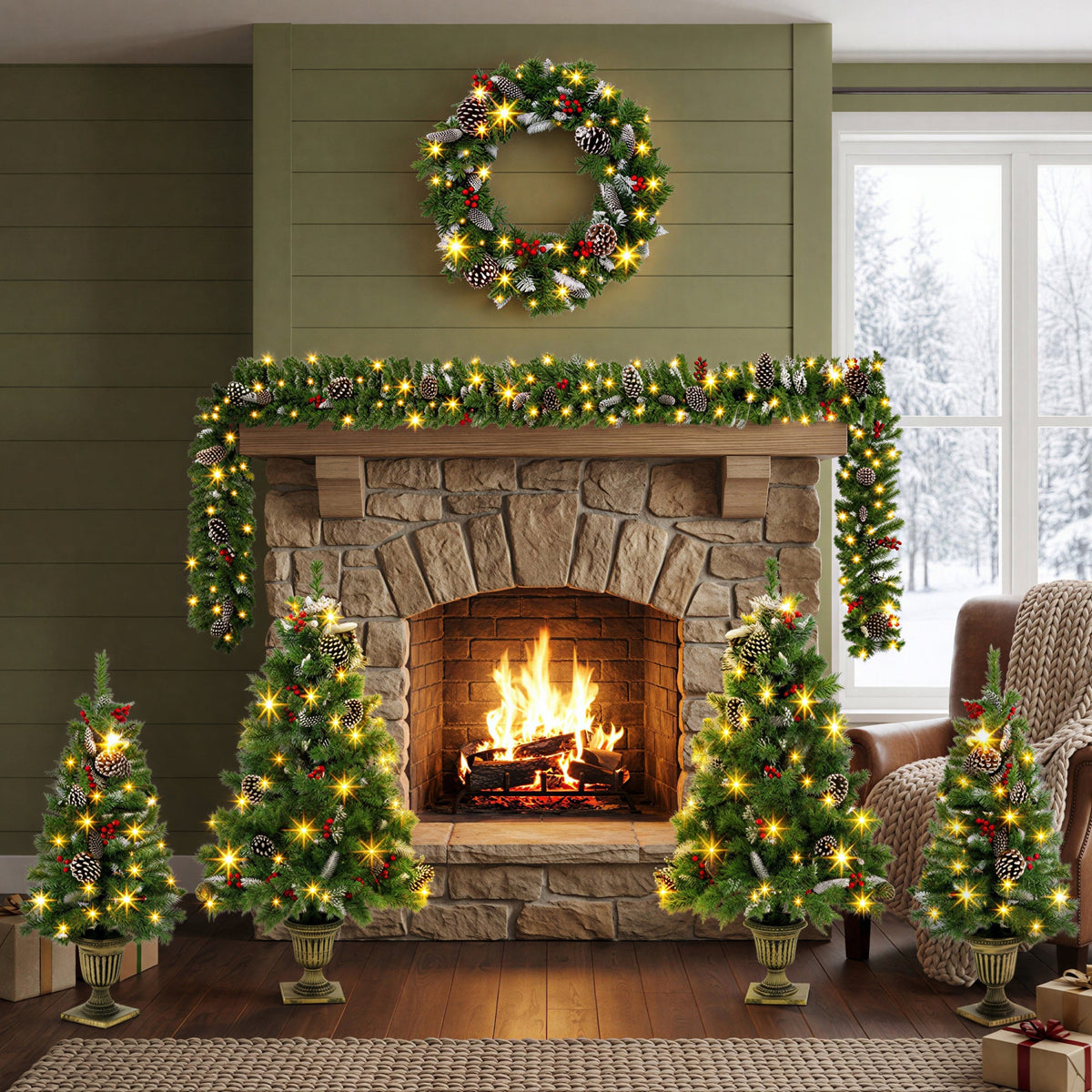 6-Piece Christmas Tree Set with Pre-Lit Wreath and Garland – Warm