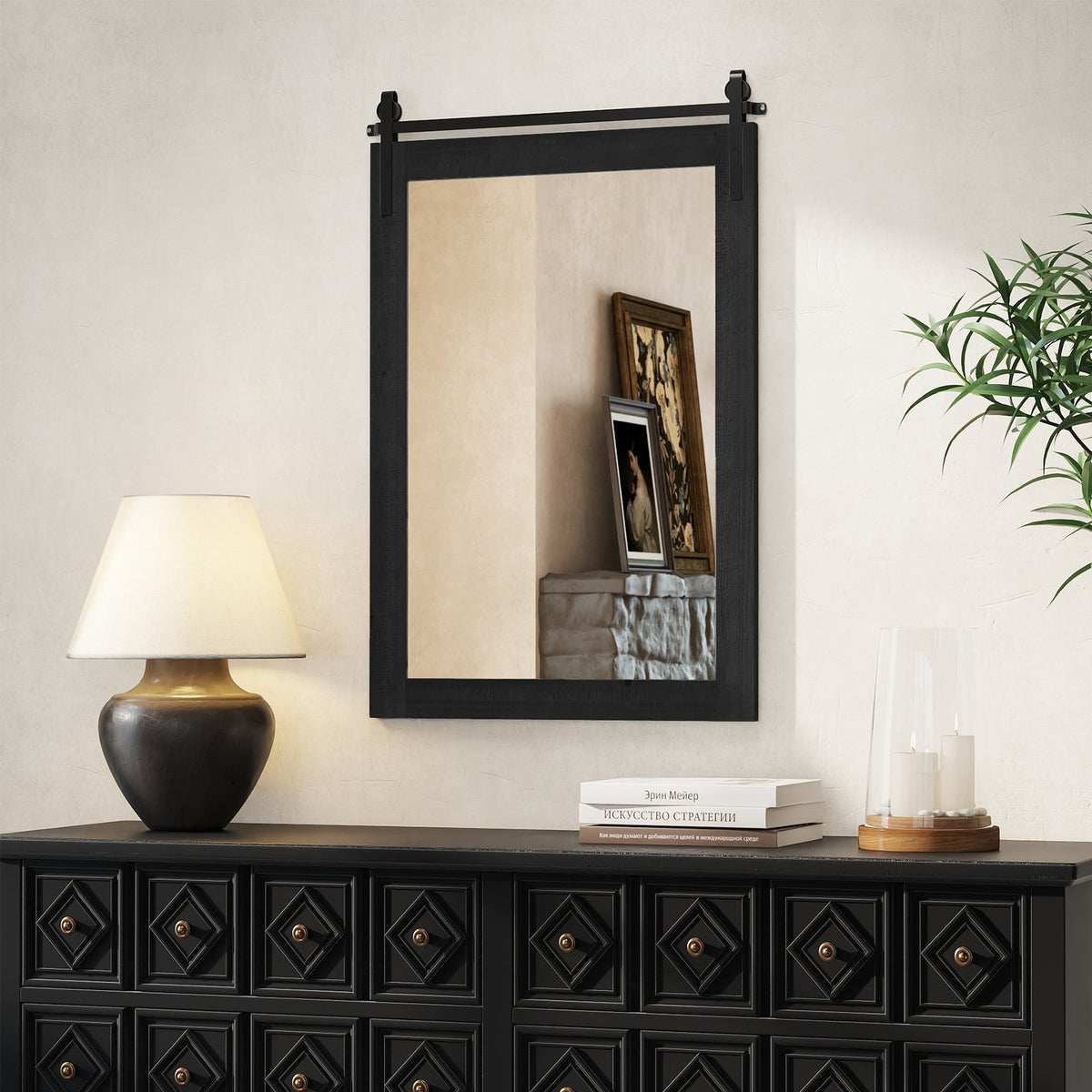 Rustic Wood Frame Barn Door Style Farmhouse Wall Mirror