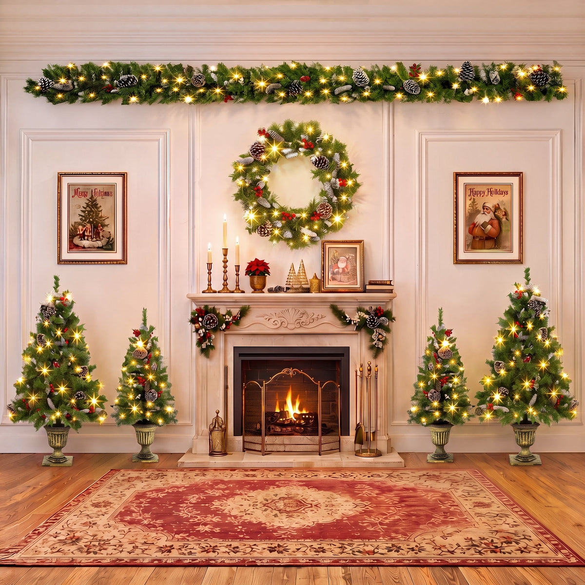 6-Piece Christmas Tree Set with Pre-Lit Wreath and Garland – Warm