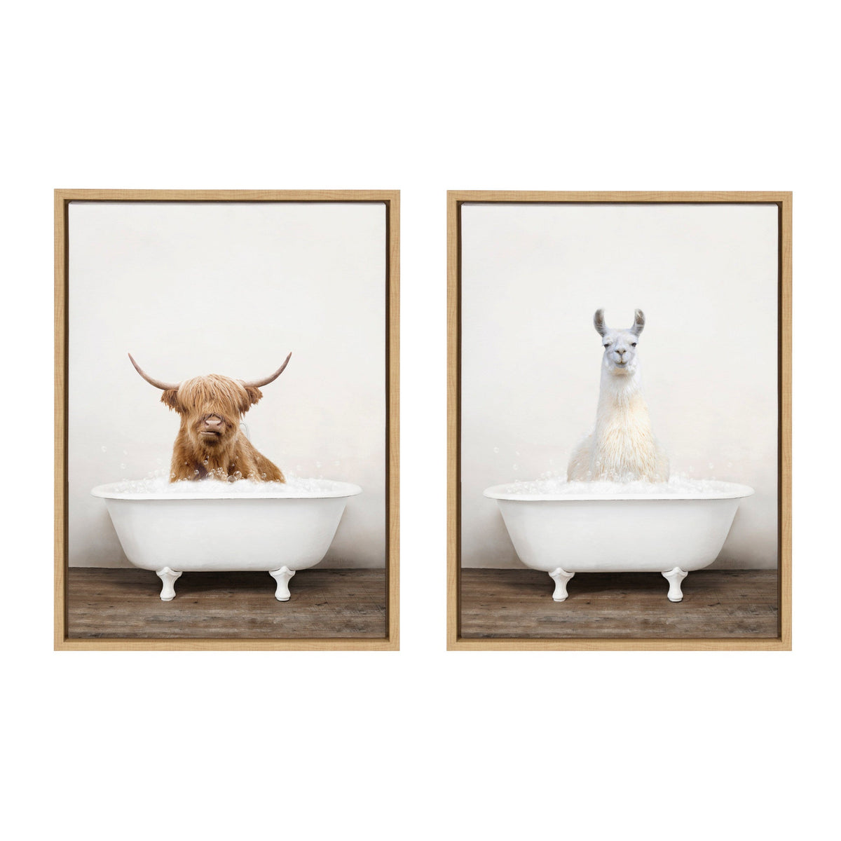 Sylvie Highland Cow Rustic Bubble Bath and Llama Rustic Bubble Bath Framed Canvas by Amy Peterson Art Studio