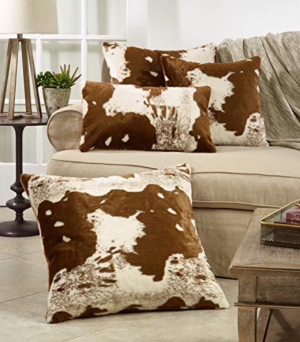 Fennco Styles Rustic Faux Fur Cow Hide 18 x 18 Inch Decorative Throw Pillow with Case & Insert – Brown Fur Pillow for Couch, Bedroom and Living Room Décor