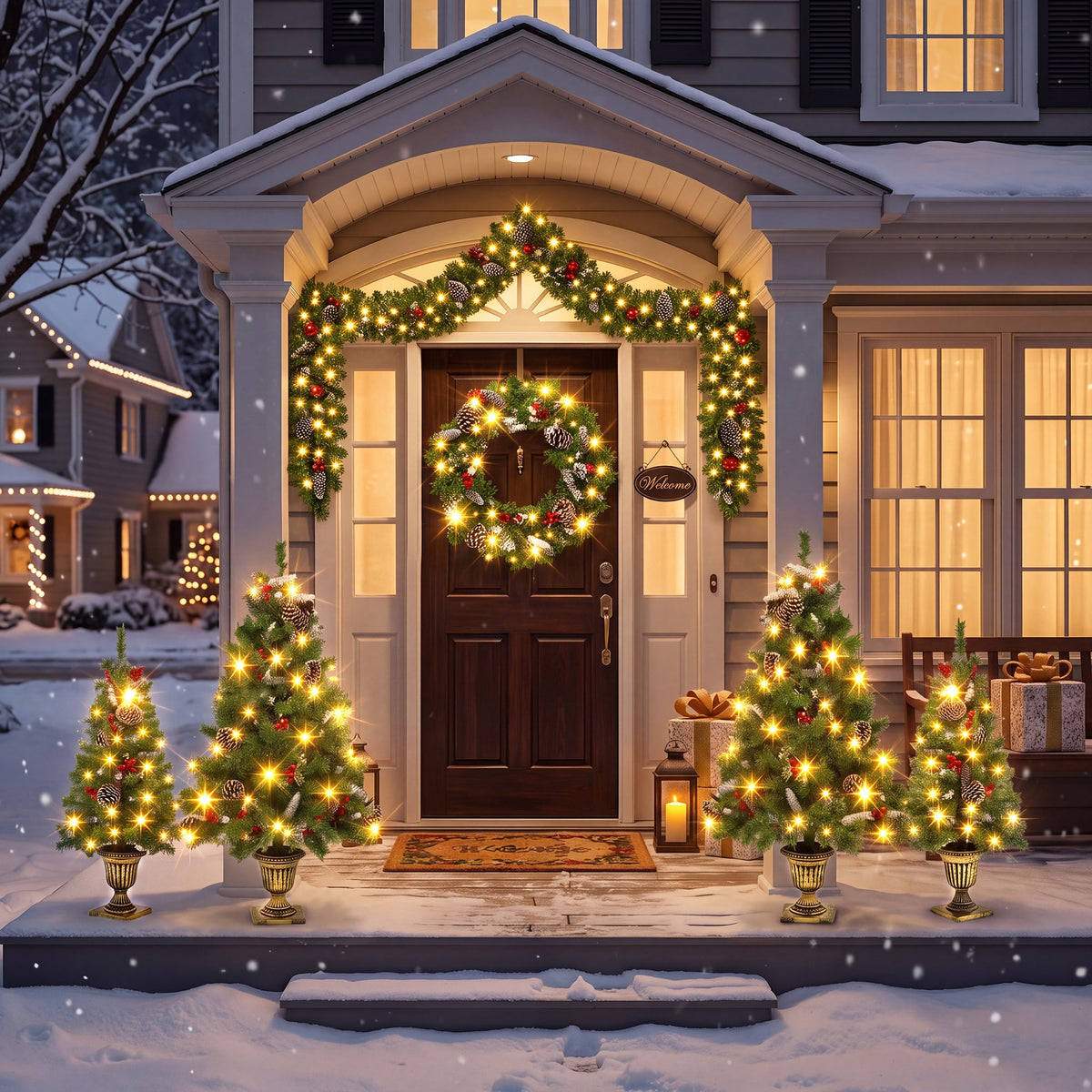 6-Piece Christmas Tree Set with Pre-Lit Wreath and Garland – Warm