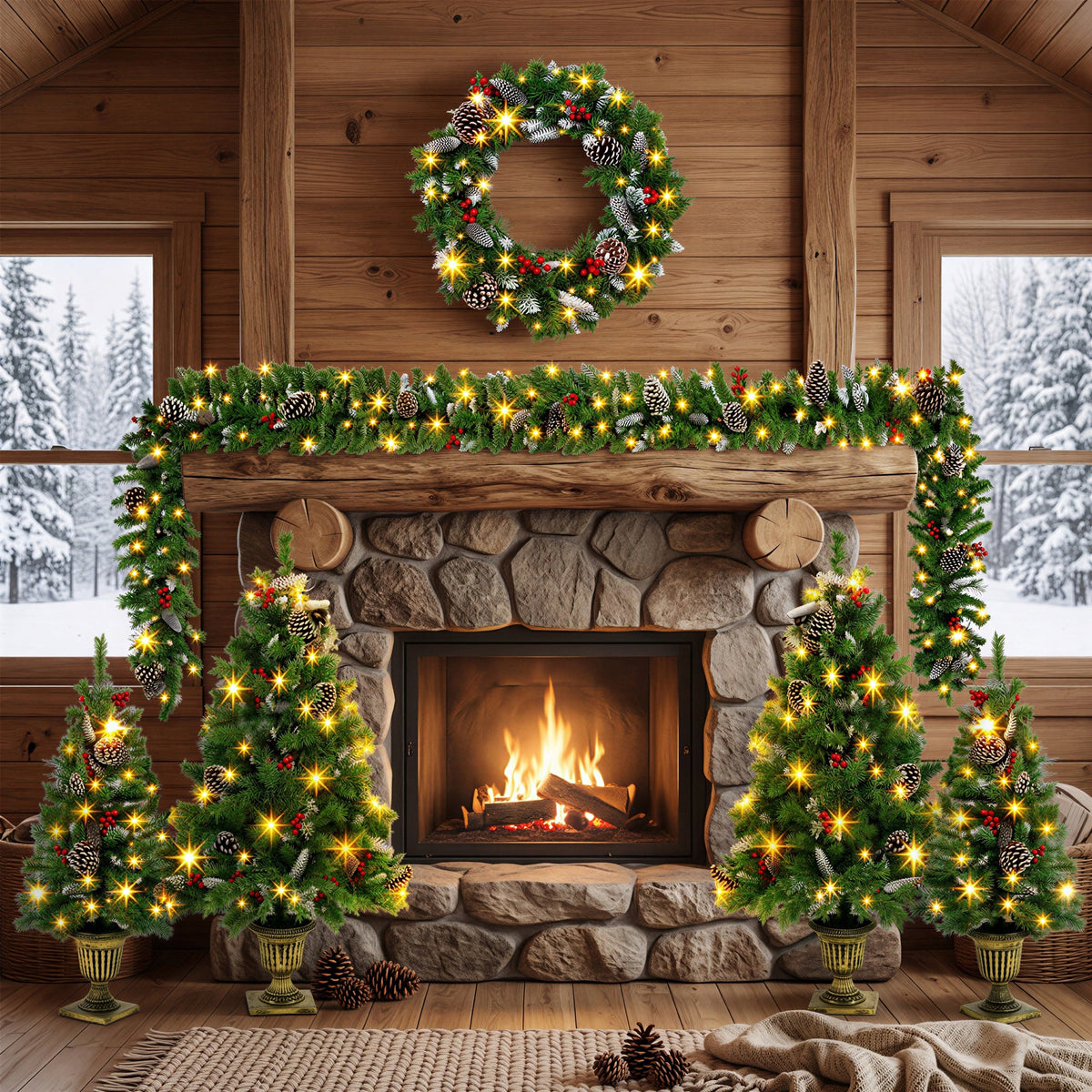 6-Piece Christmas Tree Set with Pre-Lit Wreath and Garland – Warm