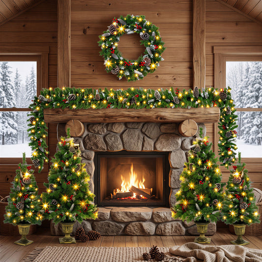 6-Piece Christmas Tree Set with Pre-Lit Wreath and Garland – Warm