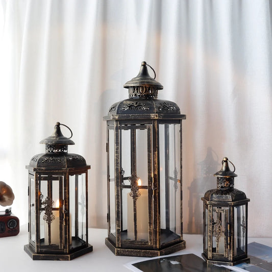 Set of 3-20.5''&14"&10"H Candle Lanterns(Black with Gold Brush)